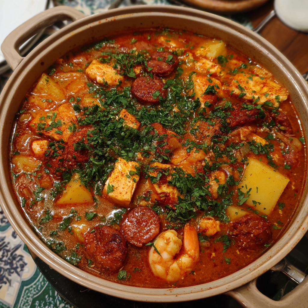 Portugiesische Fisch suppe mit Chorizo & Kartoffeln