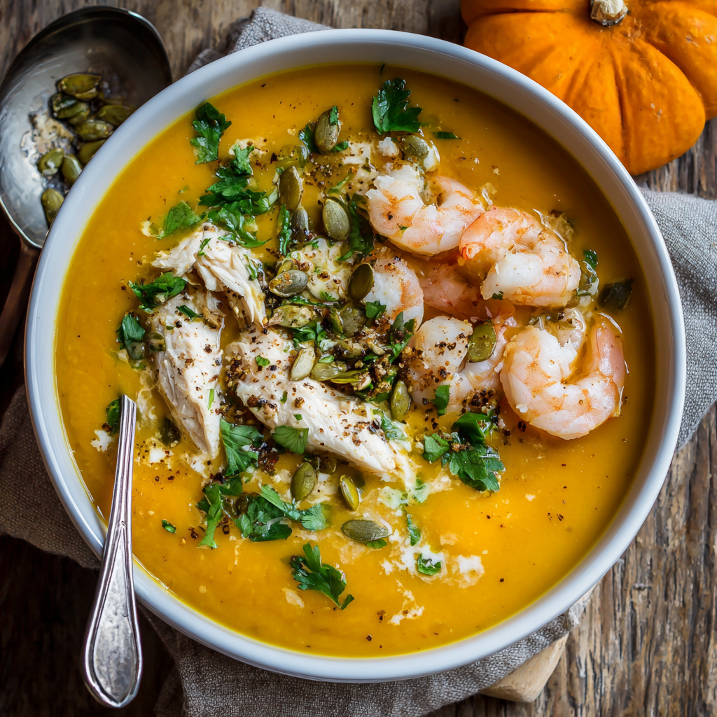 Herzhafte Kürbis suppe mit Hähnchen und Shrimps