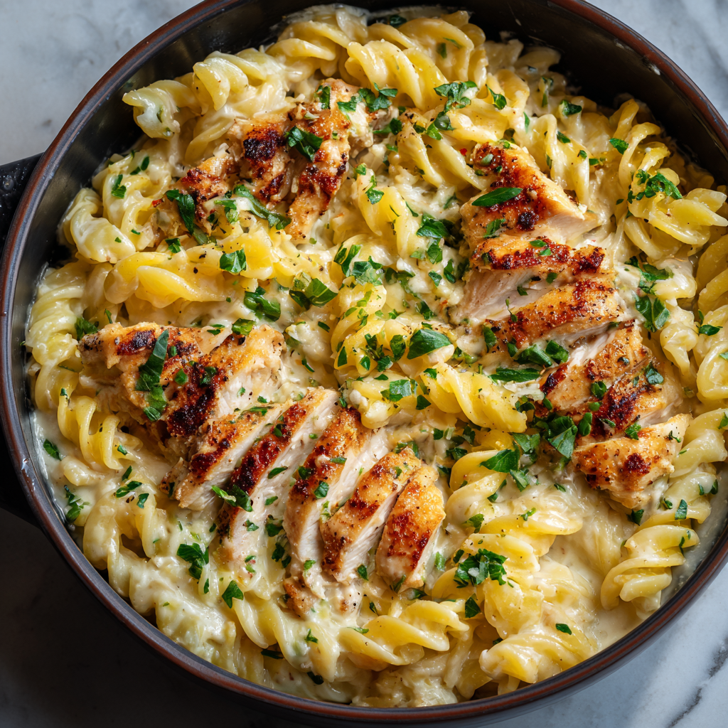 Pasta mit Hähnchen brust und Mascarpone-Zitronen-Samtsauce