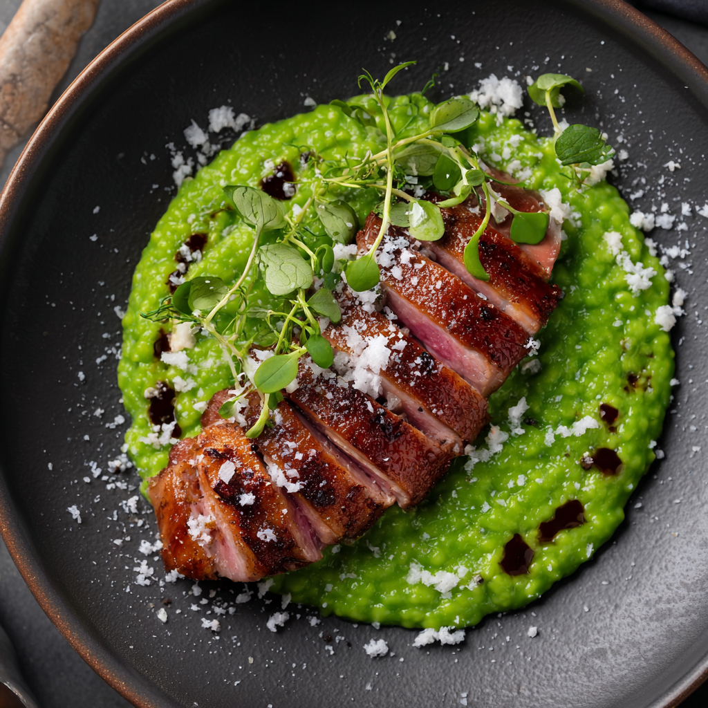 Erbsenpüree mit zarter Entenbrust