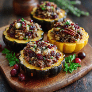 Gefüllte Eichelkürbis ringe mit Wurst und Wildreis