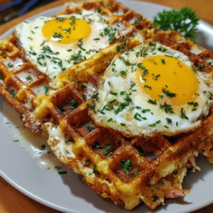 Herzhafte Gefüllte Waffeln mit Spiegelei und Bratensoße