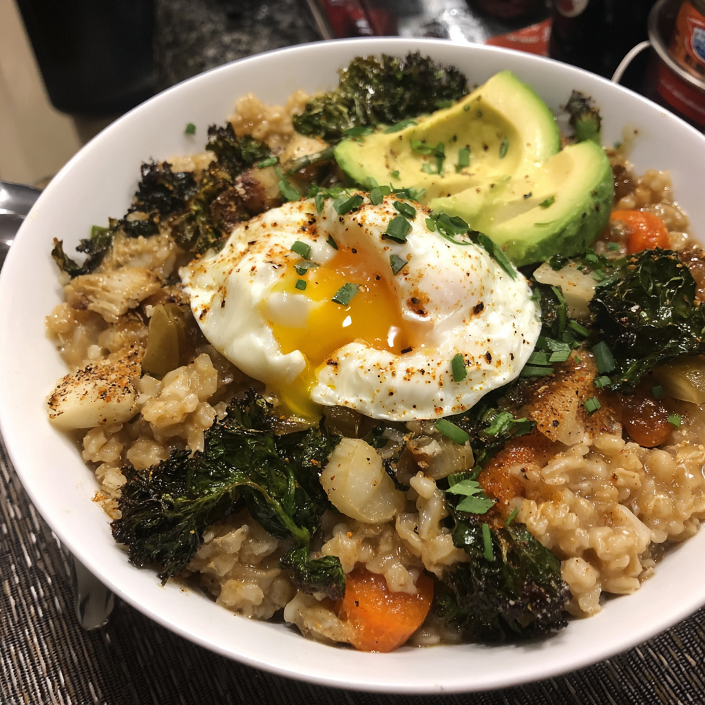 Herzhafter Haferbrei mit weichgekochtem Ei und sautiertem Gemüse