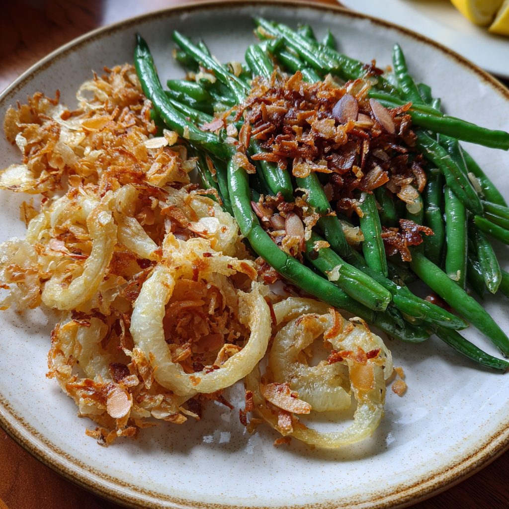 Grüne Bohnen Mandel mit knusprig gebratenen Schalotten