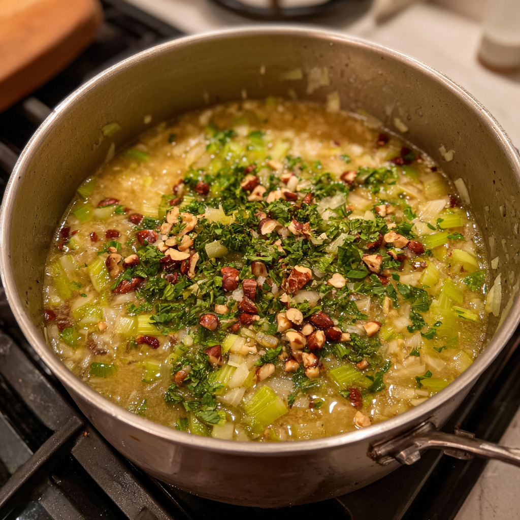 Sellerie suppe mit brauner Butter und Haselnüssen