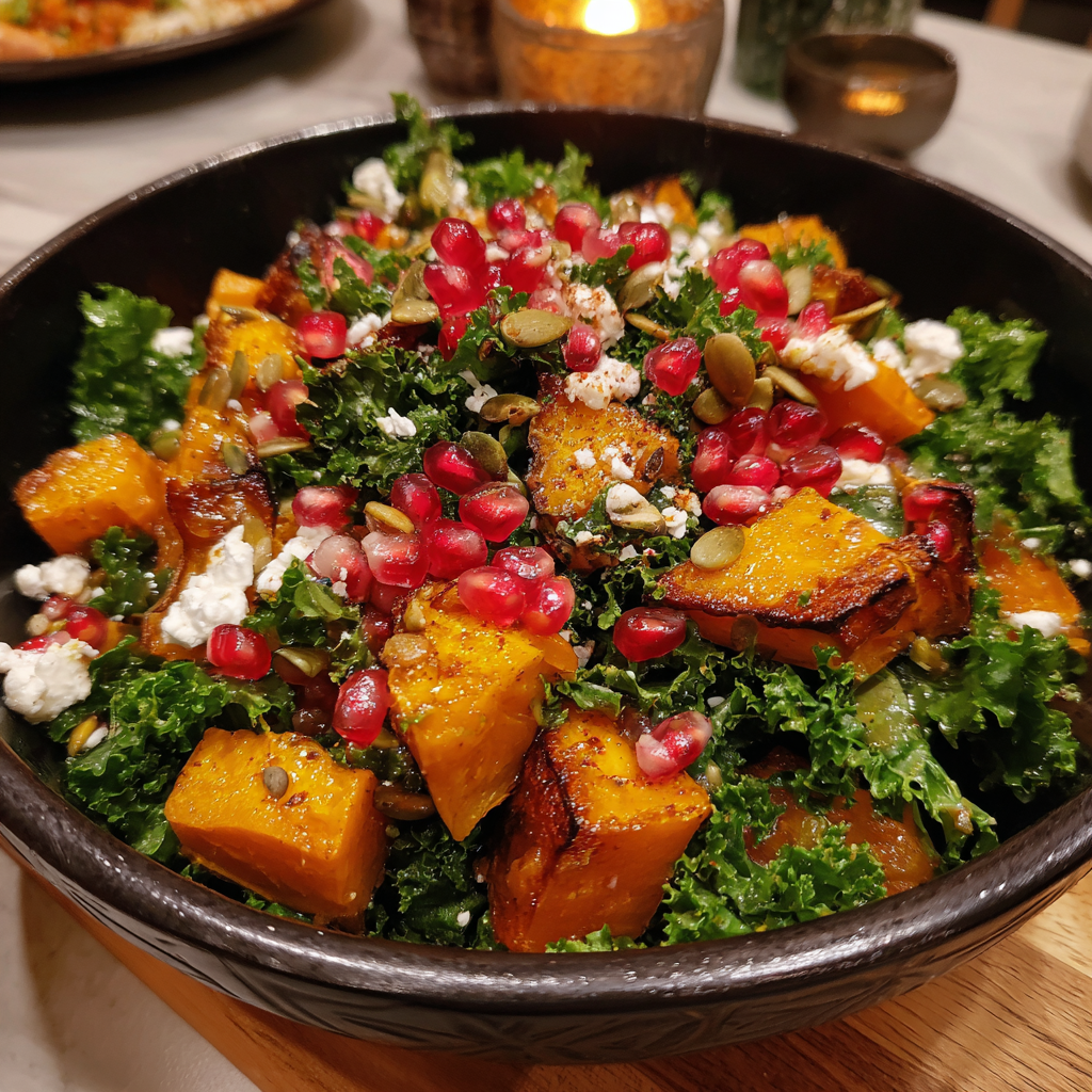 Herbstlicher Erntesalat mit Grünkohl, geröstetem Kürbis, Granatapfel & Ziegenkäse