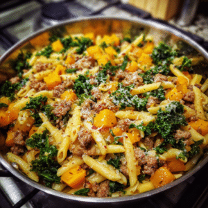 Pasta aus einer Pfanne mit Wurst, Grünkohl & Butternusskürbis