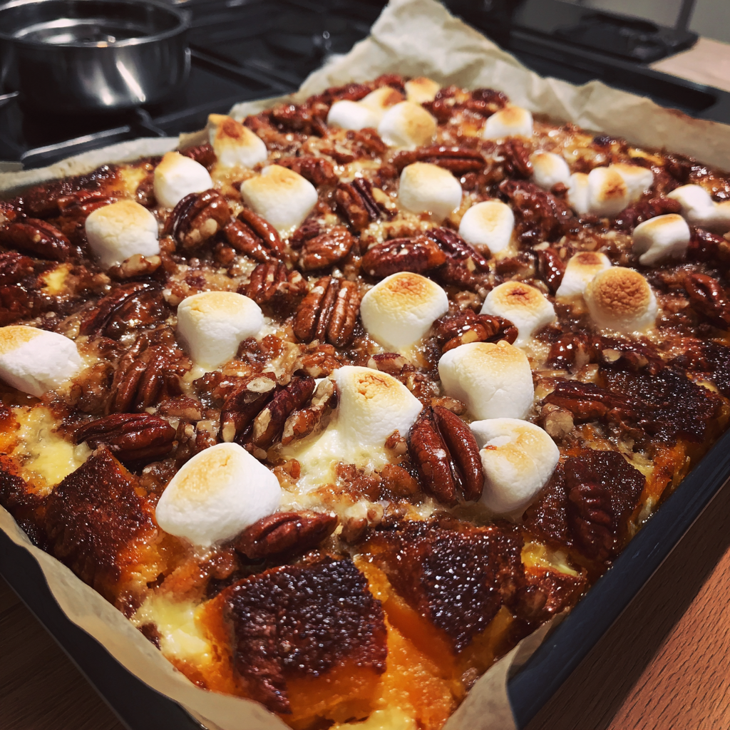 Süßkartoffelauflauf mit Marshmallows & Pekannüssen