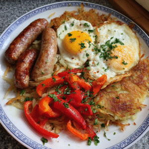 Rösti-Frühstückspfanne mit Wurst und Paprika