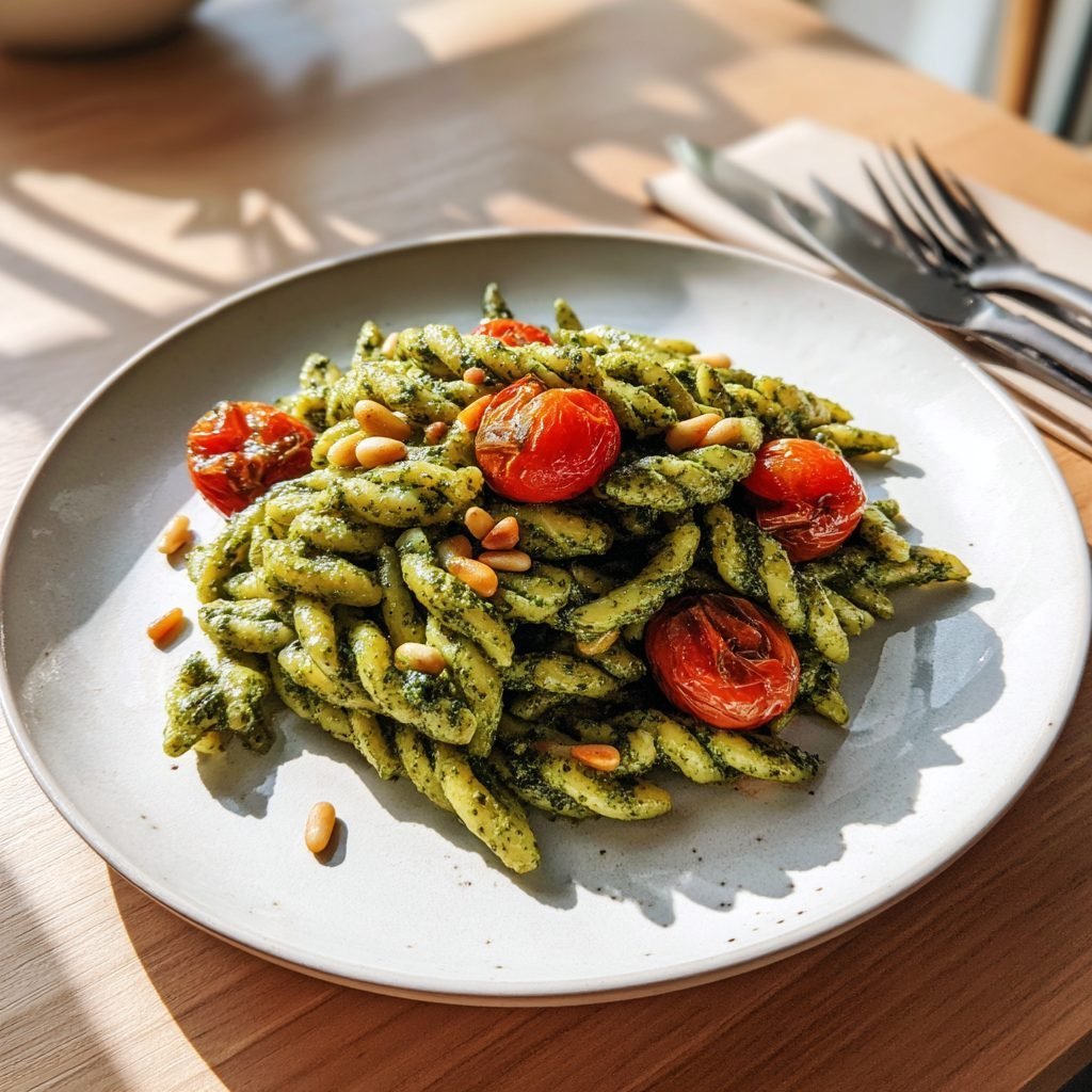 Bärlauch-Pesto-Nudeln mit gerösteten Pinienkernen und Kirschtomaten