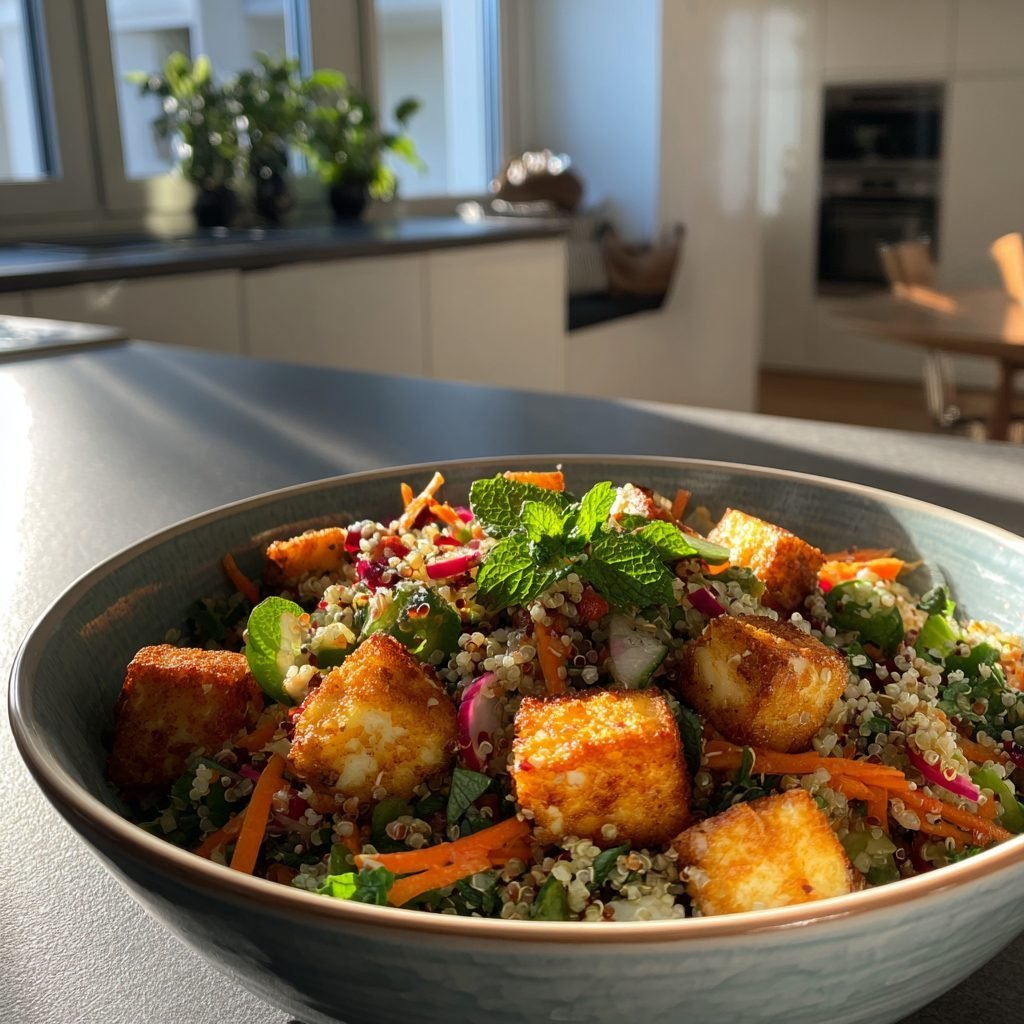 Bunte Quinoa-Salatbowl mit Halloumi und Minz-Dressing