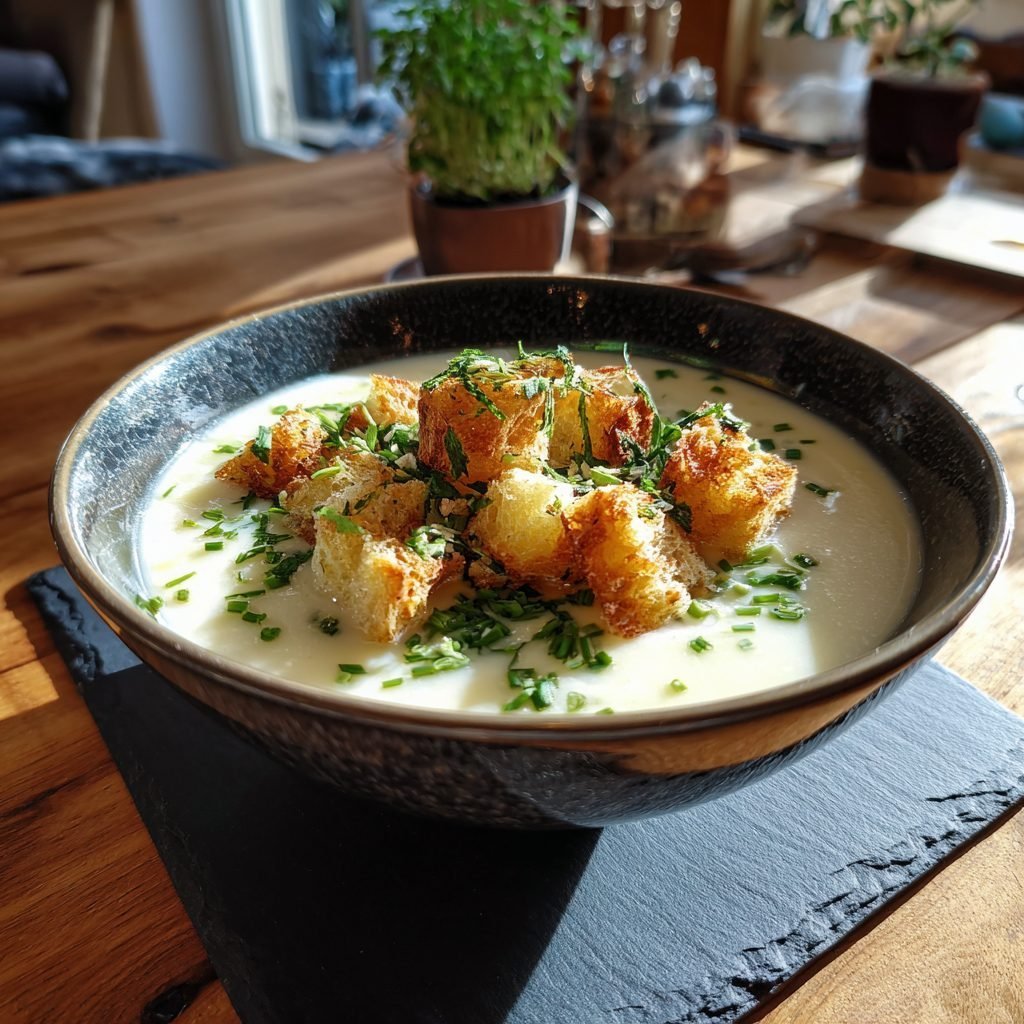 Cremige Spargelsuppe mit Bärlauch-Croutons