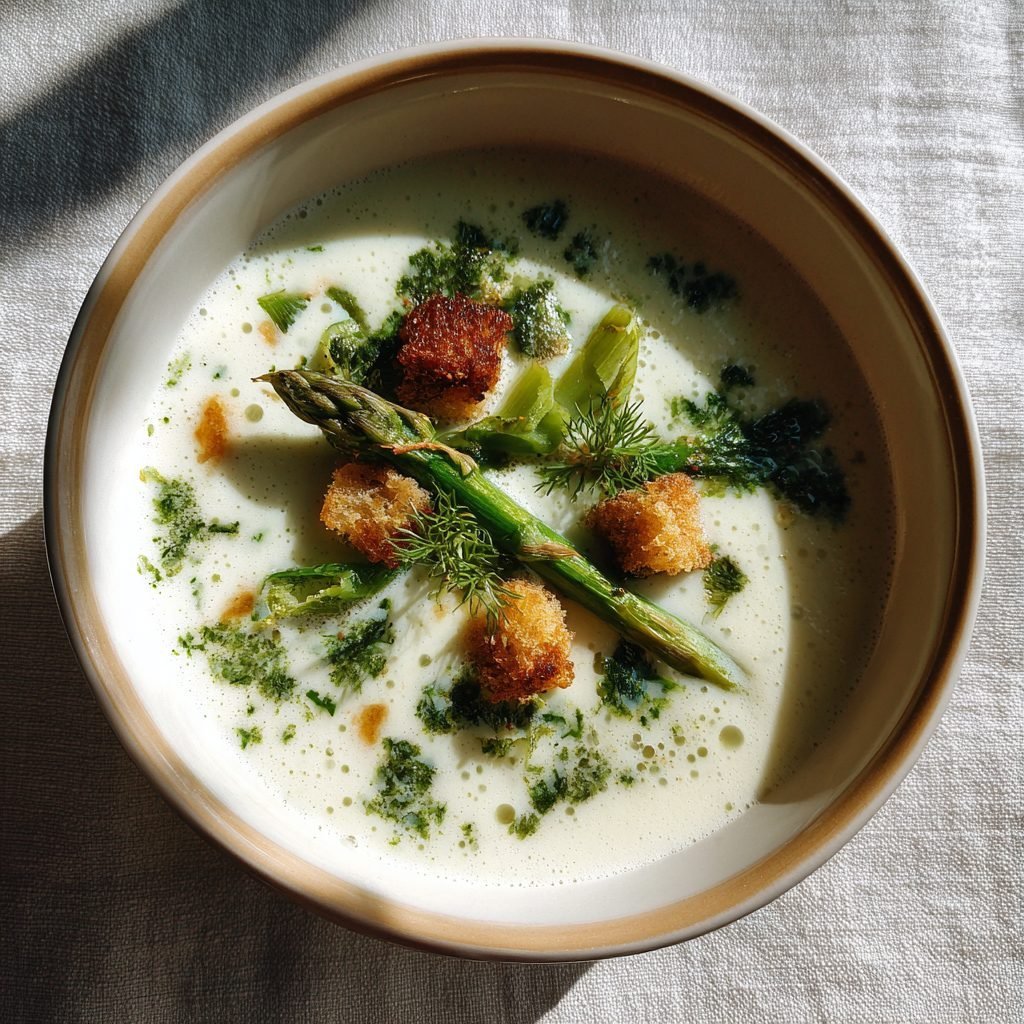 Cremige Spargelsuppe mit Kräutercroutons
