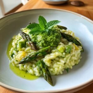 Cremiges Spargelrisotto mit Zitronen-Minze-Pesto