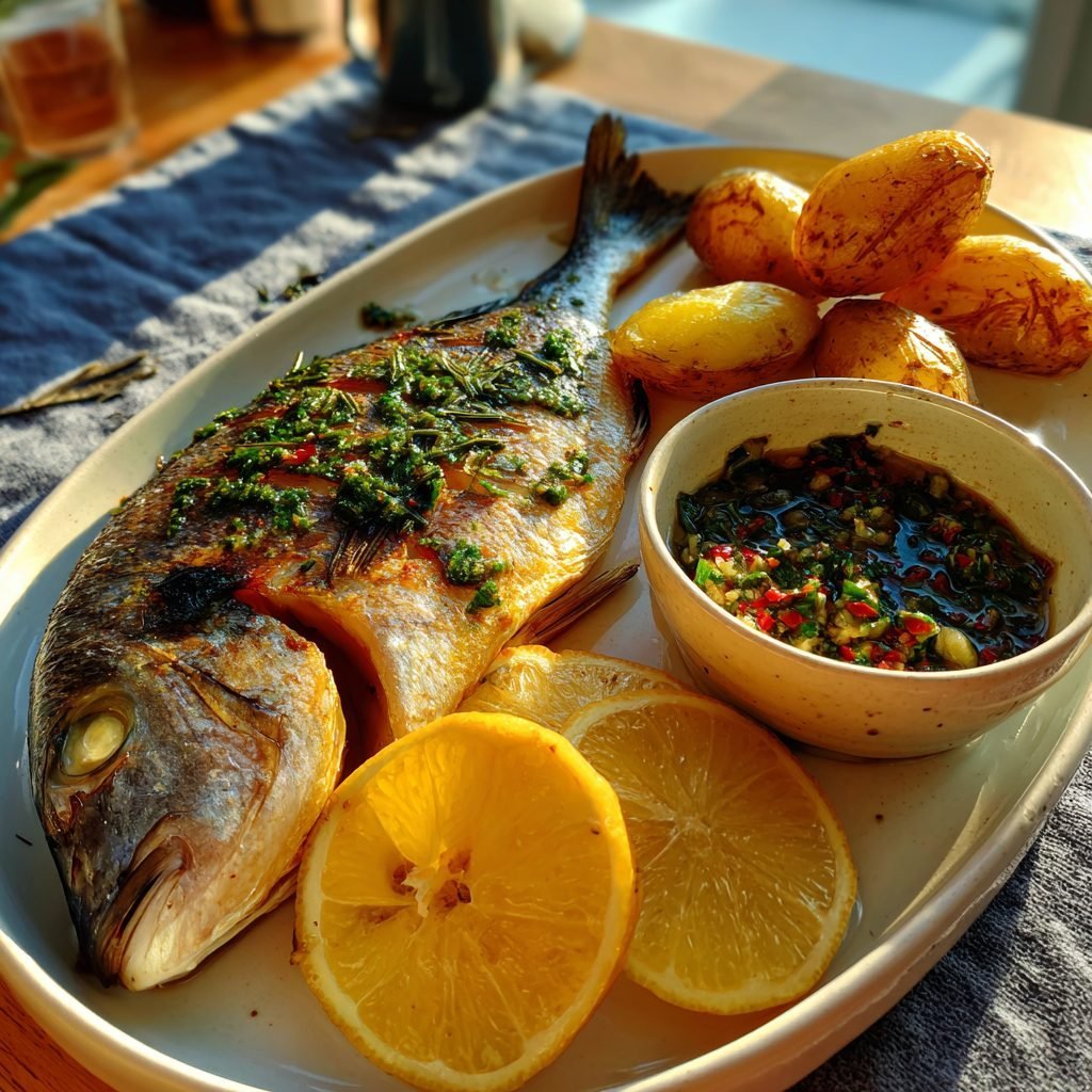 Dorade im Salzteig mit Rosmarinkartoffeln und Zitronen-Oliven-Salsa