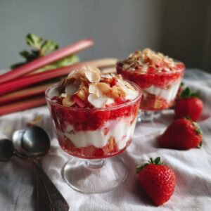 Erdbeer-Rhabarber-Grütze mit Vanillesauce und Mandelsplittern