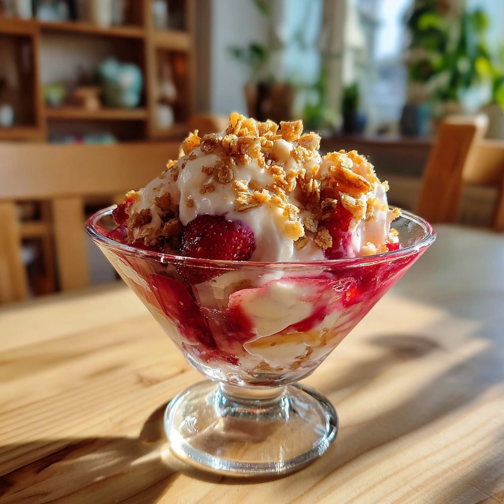 Erdbeer-Rhabarber-Kompott mit Vanillesauce und Haferflocken-Crunch