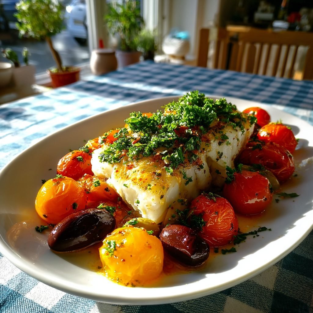 Gebackener Kabeljau mit mediterranen Kräutern, Kirschtomaten und Oliven