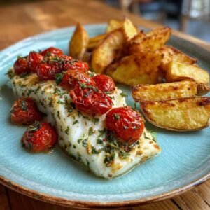 Gebackener Kabeljau mit mediterranen Kräutern und Kirschtomaten