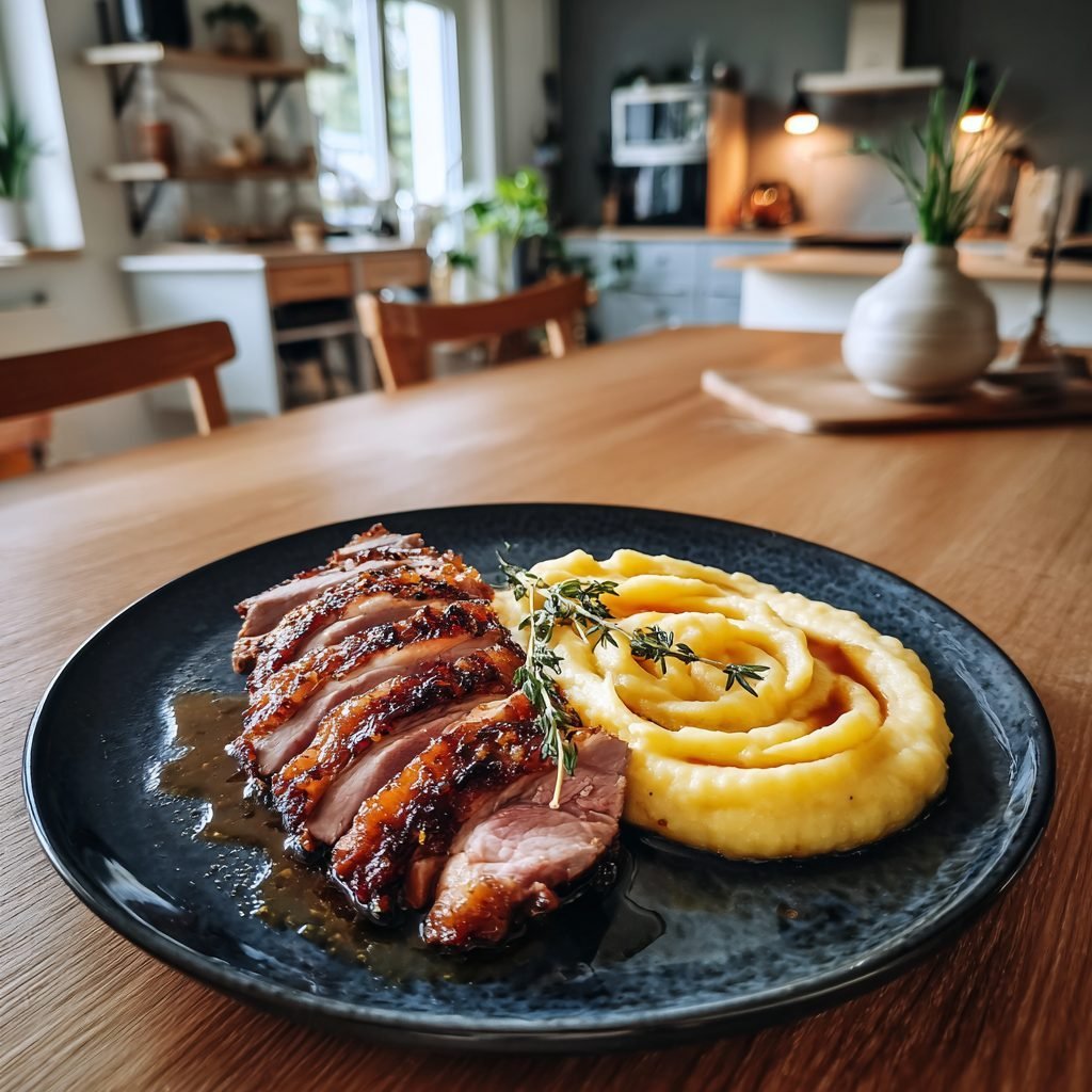 Gebratene Entenbrust mit Orangen-Thymian-Sauce und cremigem Süßkartoffelpüree