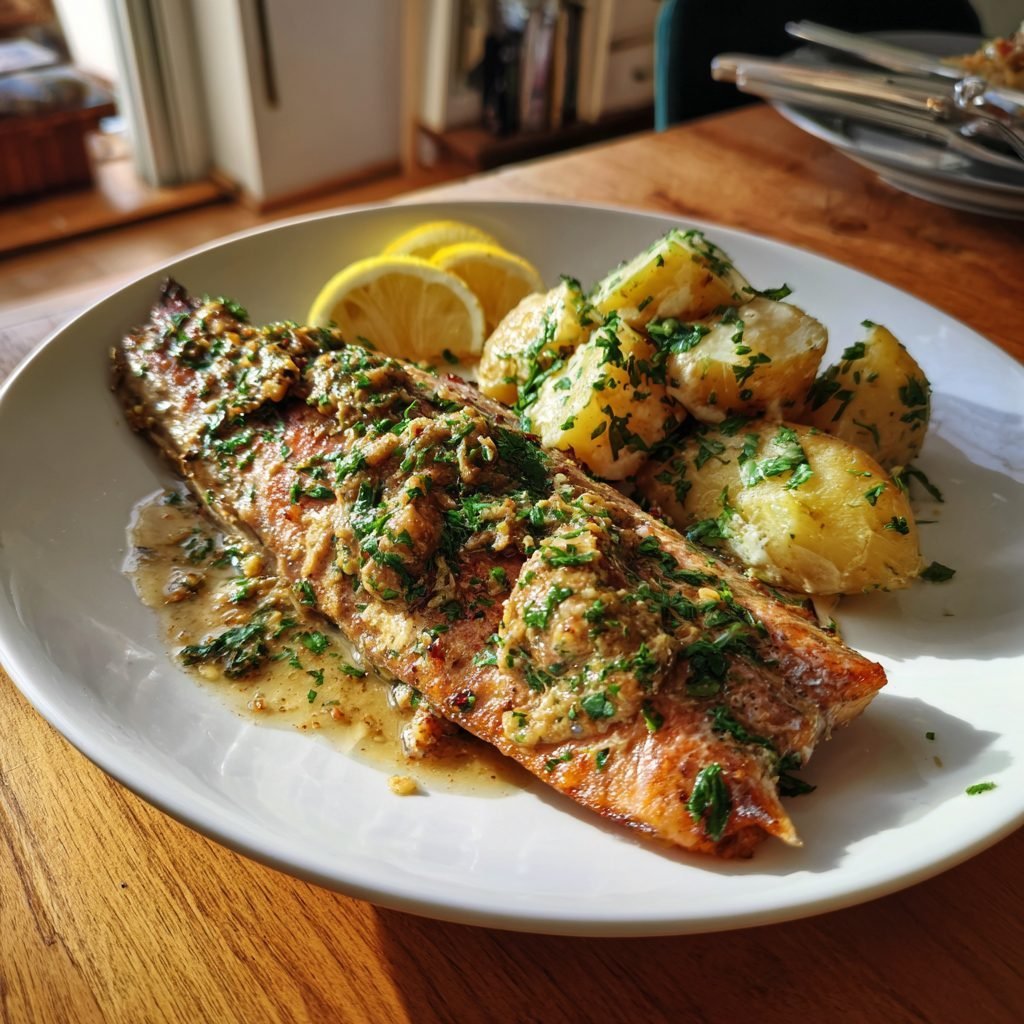 Gebratene Forelle Müllerin Art mit Mandelbutter und Petersilienkartoffeln