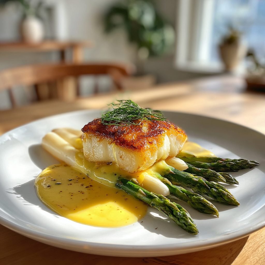 Gebratener Heilbutt auf weißem Spargel mit Hollandaise