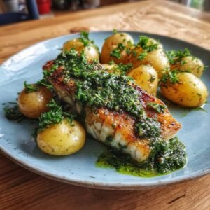 Gebratener Heilbutt mit Bärlauch-Pesto und jungen Kartoffeln