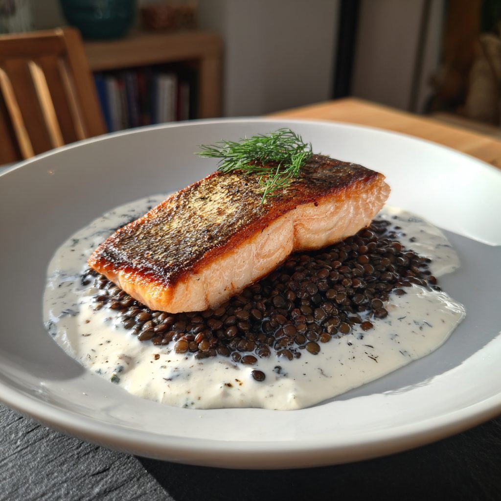 Gebratener Lachs auf Beluga-Linsen mit Dill-Joghurt