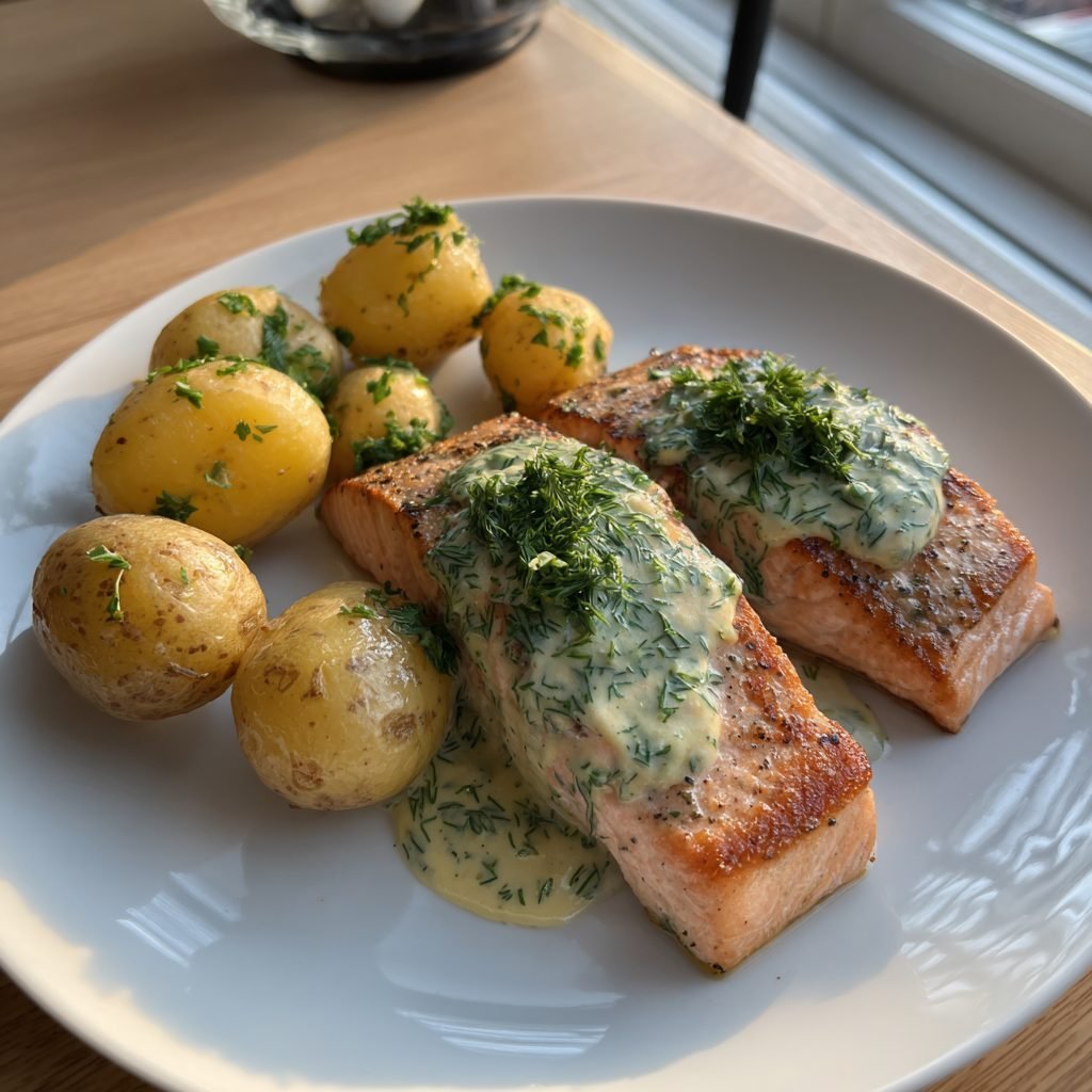 Gebratener Lachs mit frischer Dill-Zitronen-Sauce und Petersilienkartoffeln