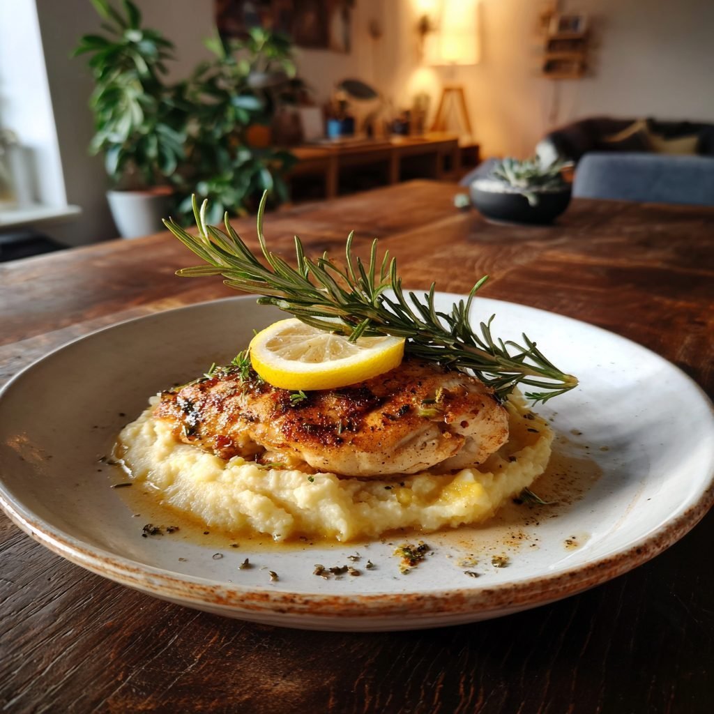 Gebratenes Hähnchen mit Rosmarin und Zitrone auf Kartoffel-Süßkartoffel-Püree
