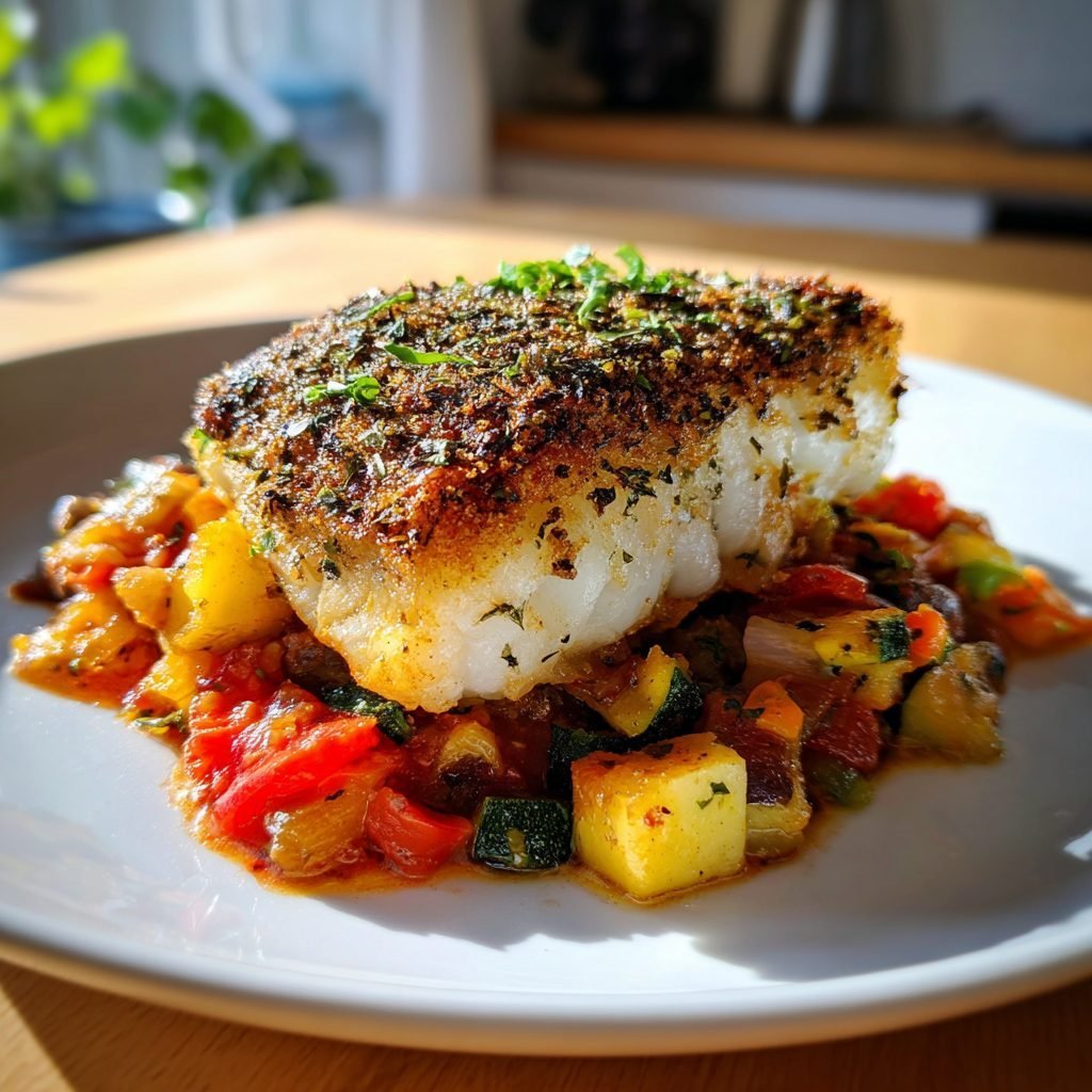 Gebratenes Kabeljaufilet mit Kräuterkruste und Ratatouille
