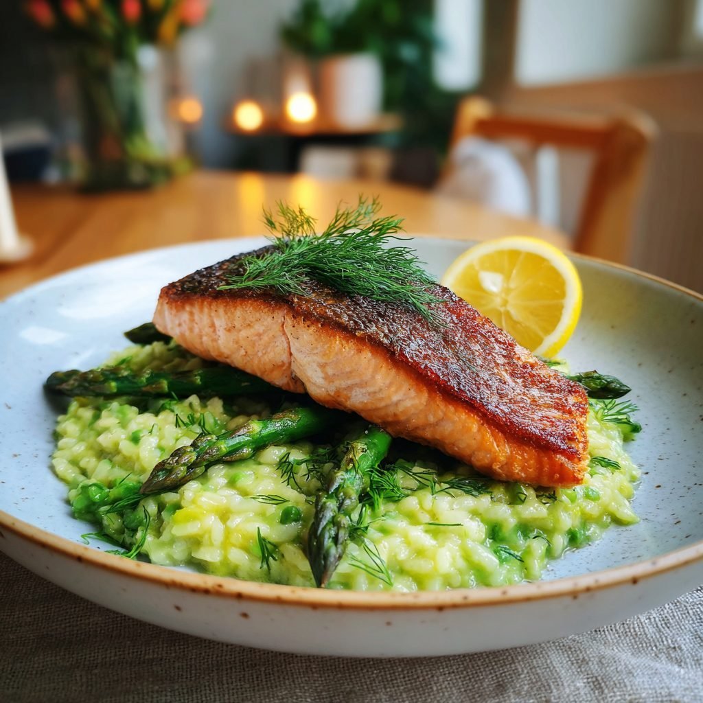 Gebratenes Lachsfilet auf grünem Spargelrisotto