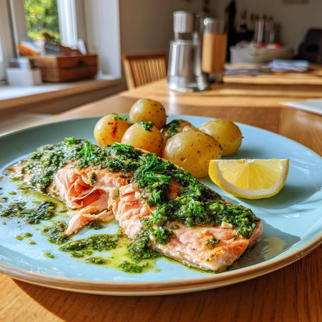 Gedämpfter Lachs mit Bärlauch-Pesto und neuen Kartoffeln