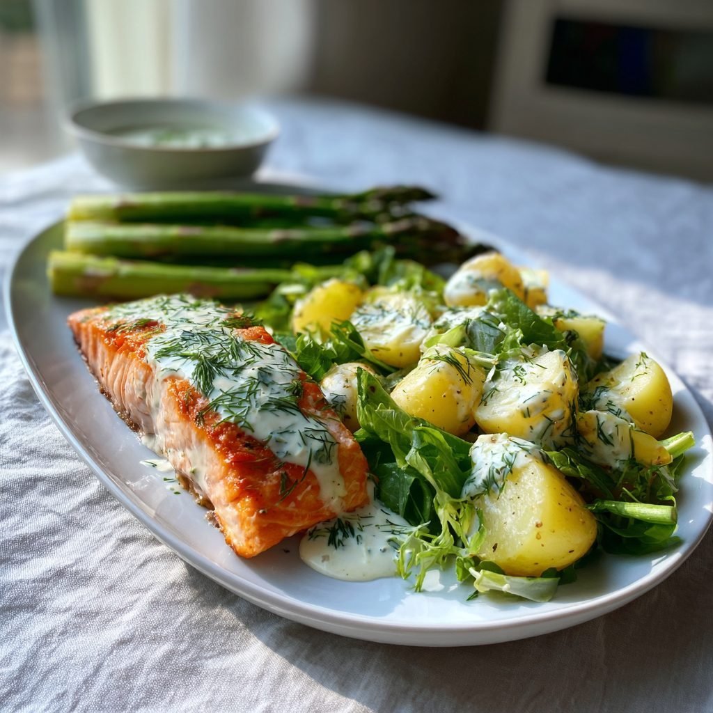 Gedämpfter Lachs mit Dill-Zitronen-Sauce und Spargel-Kartoffel-Salat