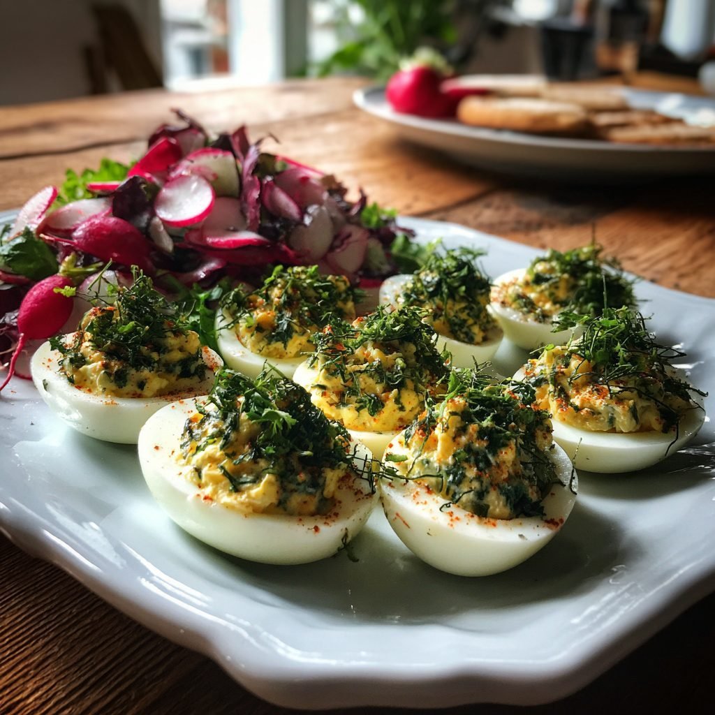 Gefüllte Eier mit Kräuter-Frischkäse und Radieschensalat