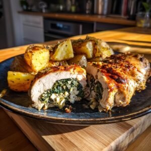 Gefüllte Hähnchenbrust mit Spinat und Feta an Rosmarin-Zitronen-Kartoffeln