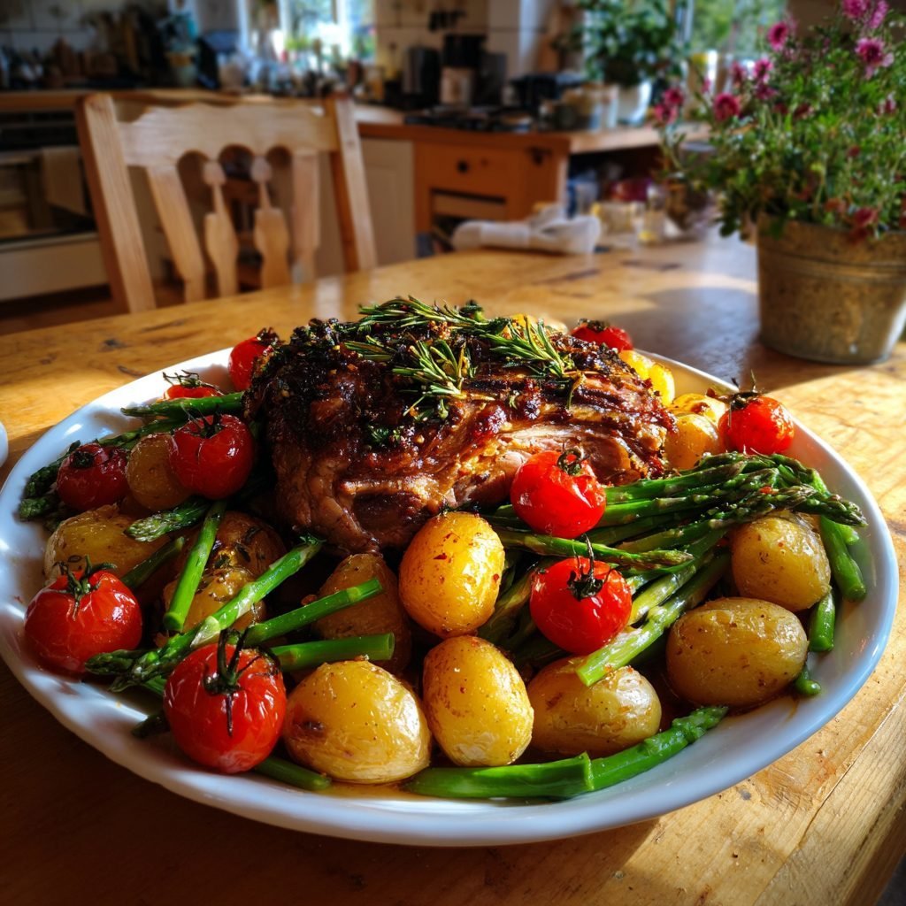 Geschmorte Lammkeule mit Frühlingsgemüse und Rosmarinkartoffeln