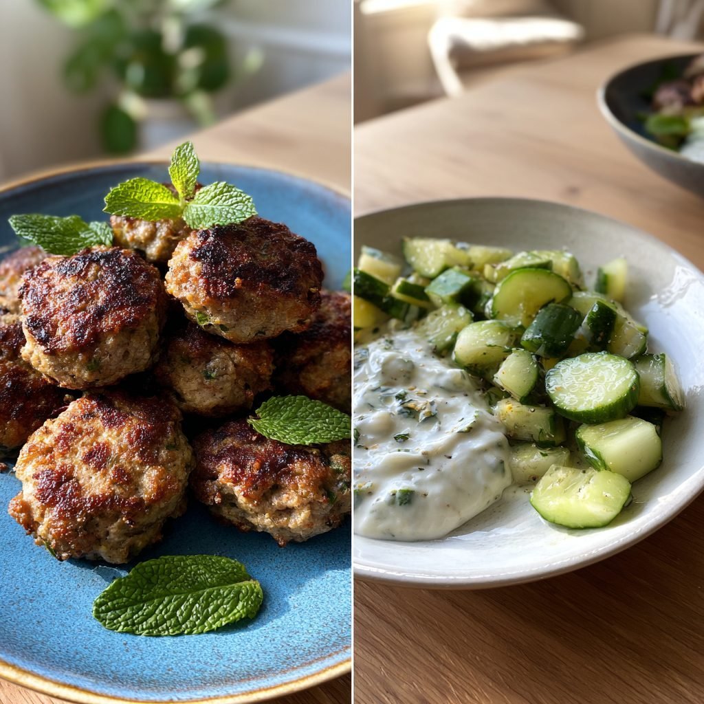 Griechische Lamm-Keftedes mit Zitronen-Joghurt-Dip und Gurkensalat