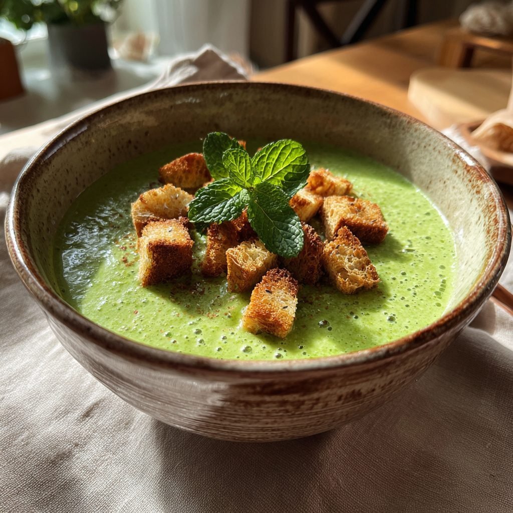Grüne Erbsen-Minz-Suppe mit Croûtons