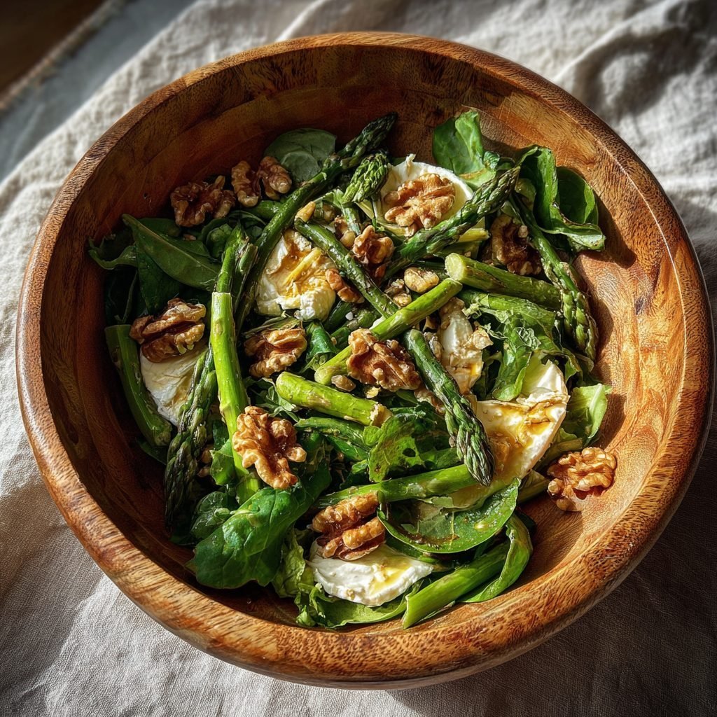 Grüner Frühlingssalat mit Ziegenkäse, Honig-Dressing und Walnüssen