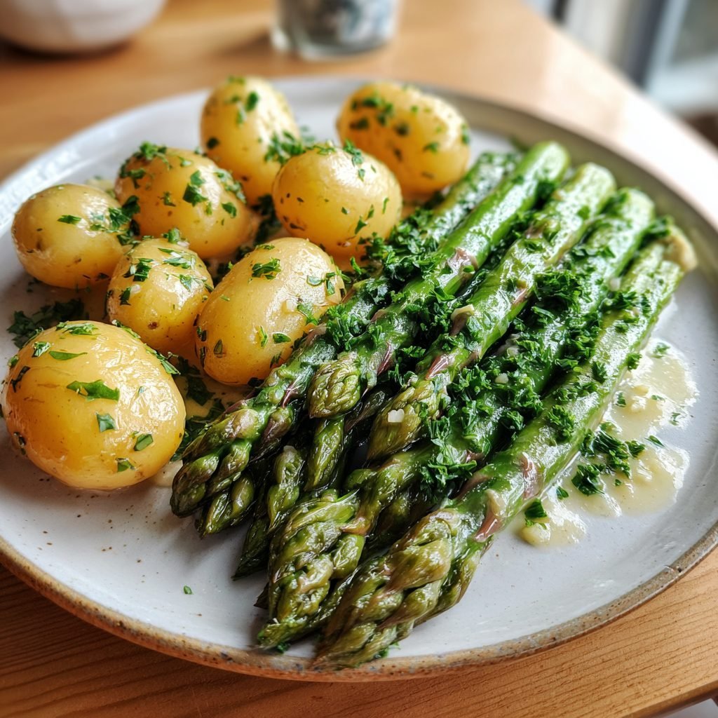 Grüner Spargel mit Salzkartoffeln und Zitronen-Mandel-Butter