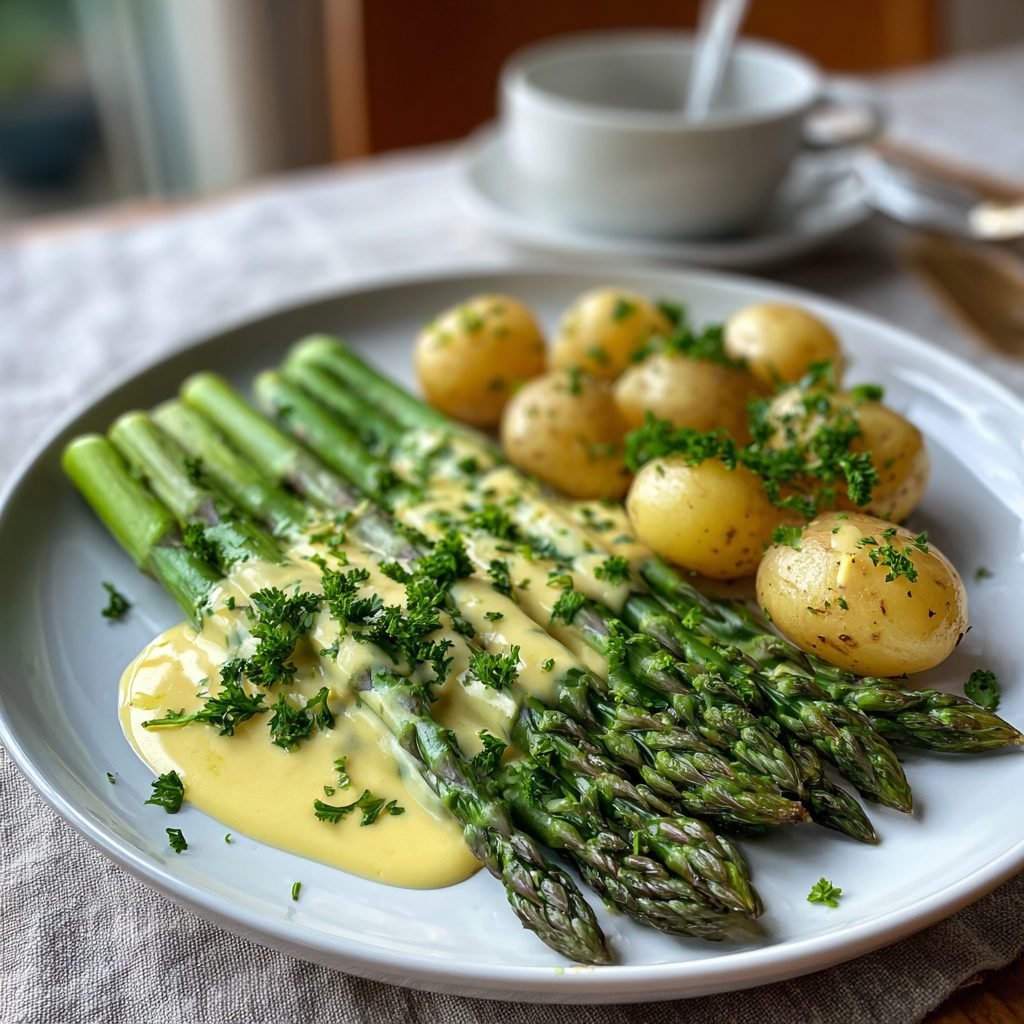 Grüner Spargel mit Zitronen-Hollandaise (Alkoholfrei) und Neuen Kartoffeln