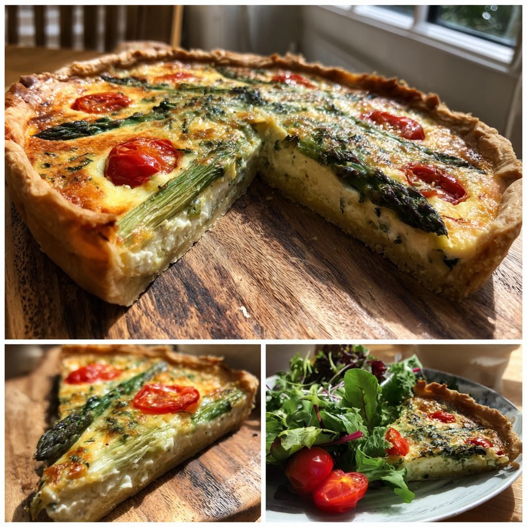 Grüner Spargel-Quiche mit Ziegenkäse und Kirschtomaten