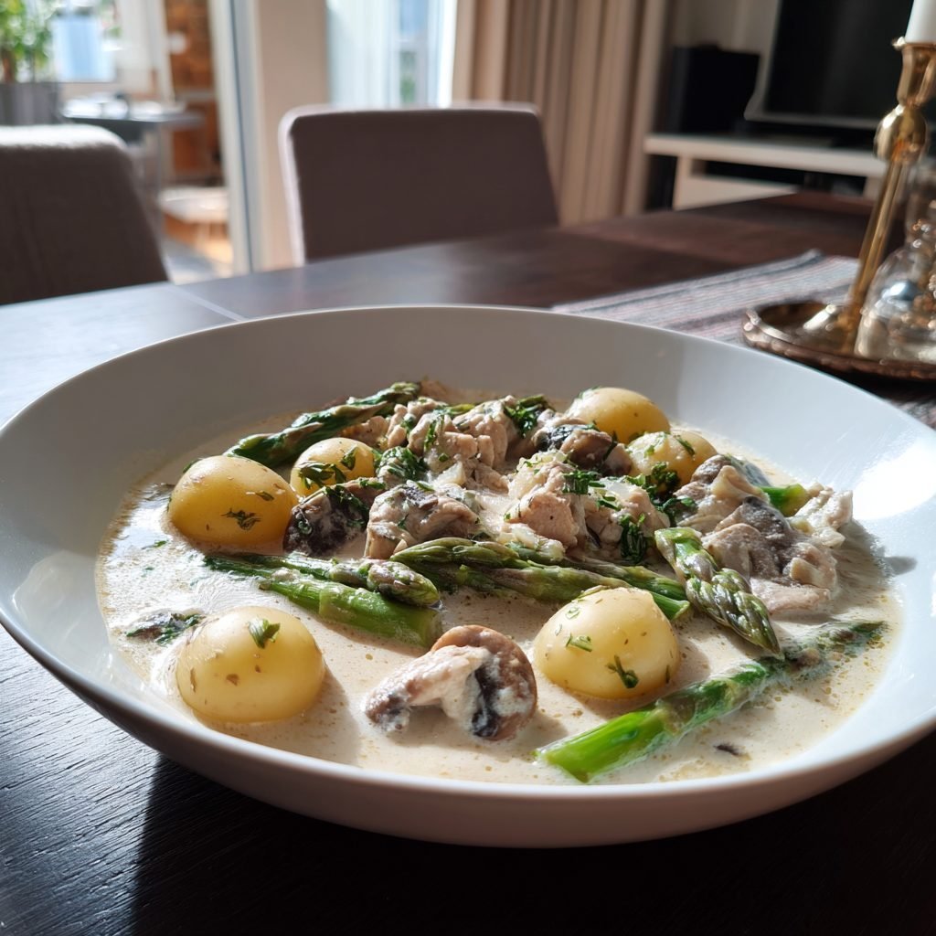 Hähnchen-Frikassee mit grünem Spargel und Champignons