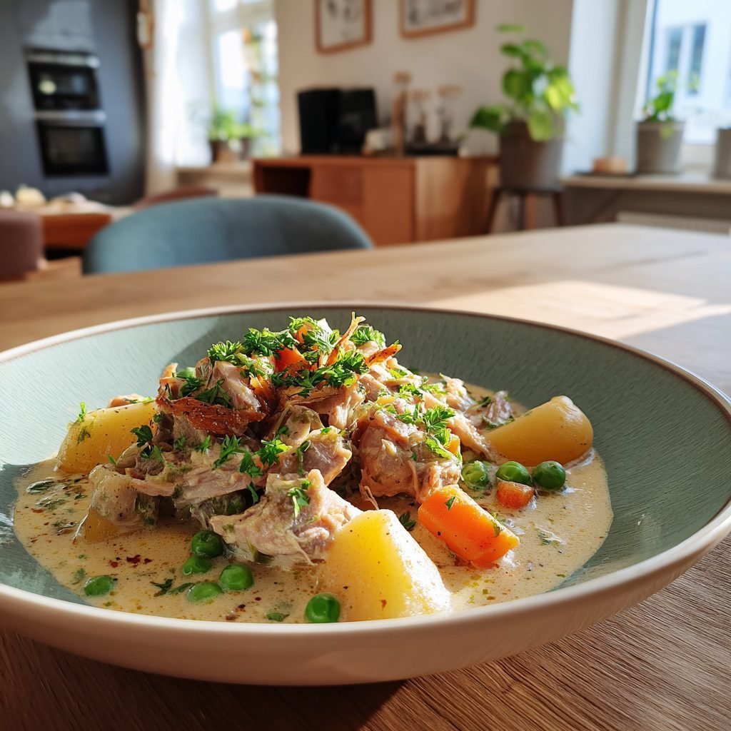 Hähnchen-Frikassee mit jungen Erbsen und Karotten