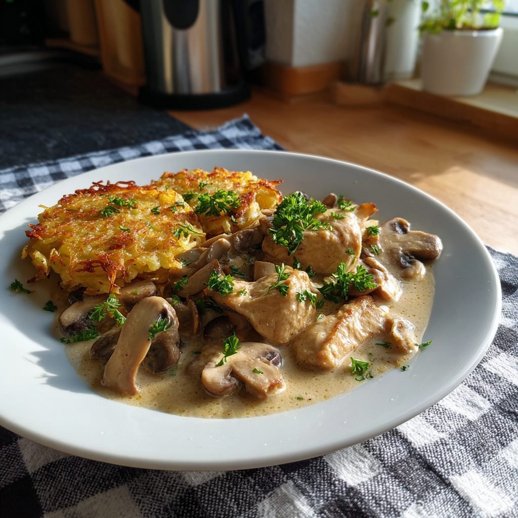 Hähnchen-Geschnetzeltes "Zürcher Art" (Alkoholfrei) mit Rösti