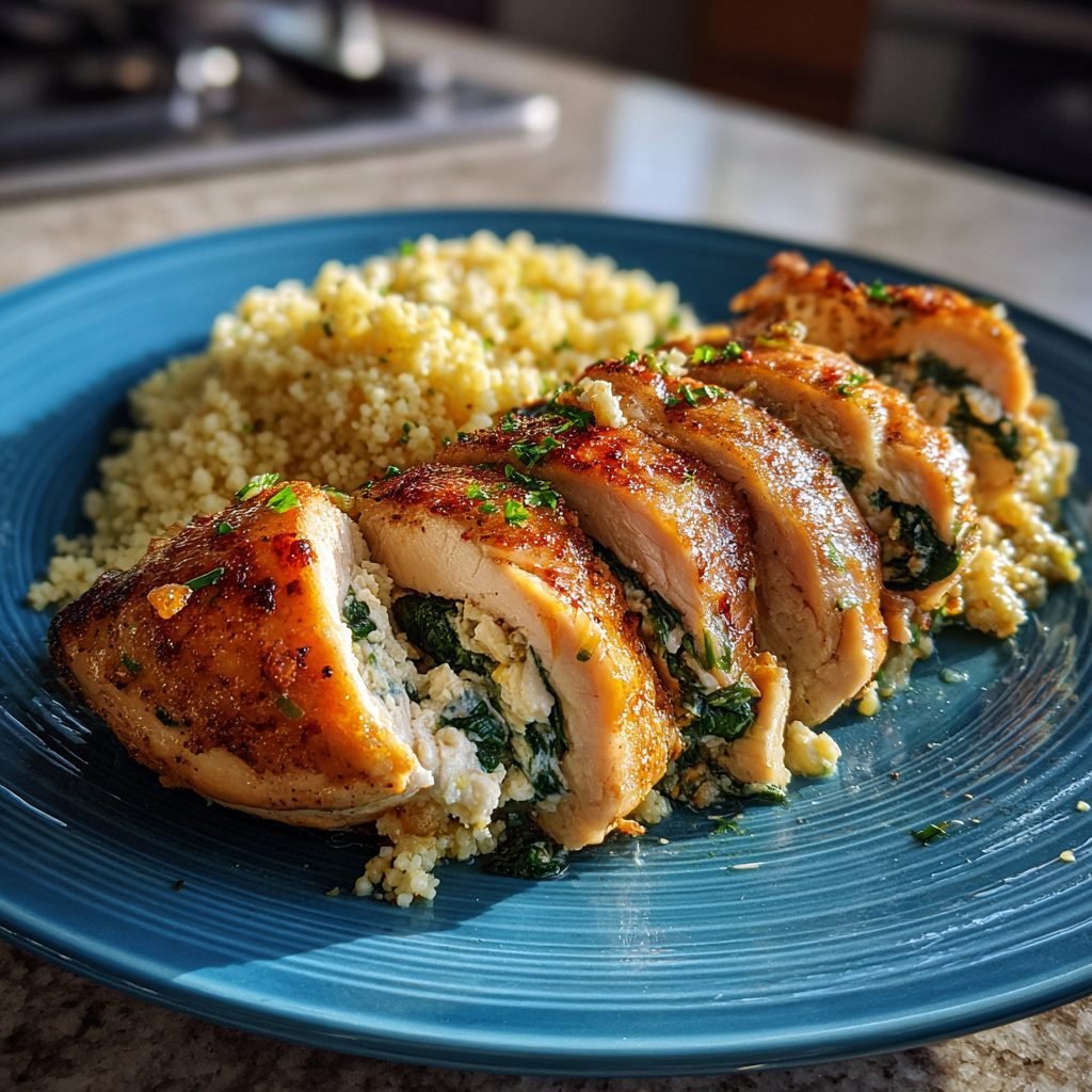 Hähnchenbrust gefüllt mit Spinat und Feta an Zitronen-Couscous