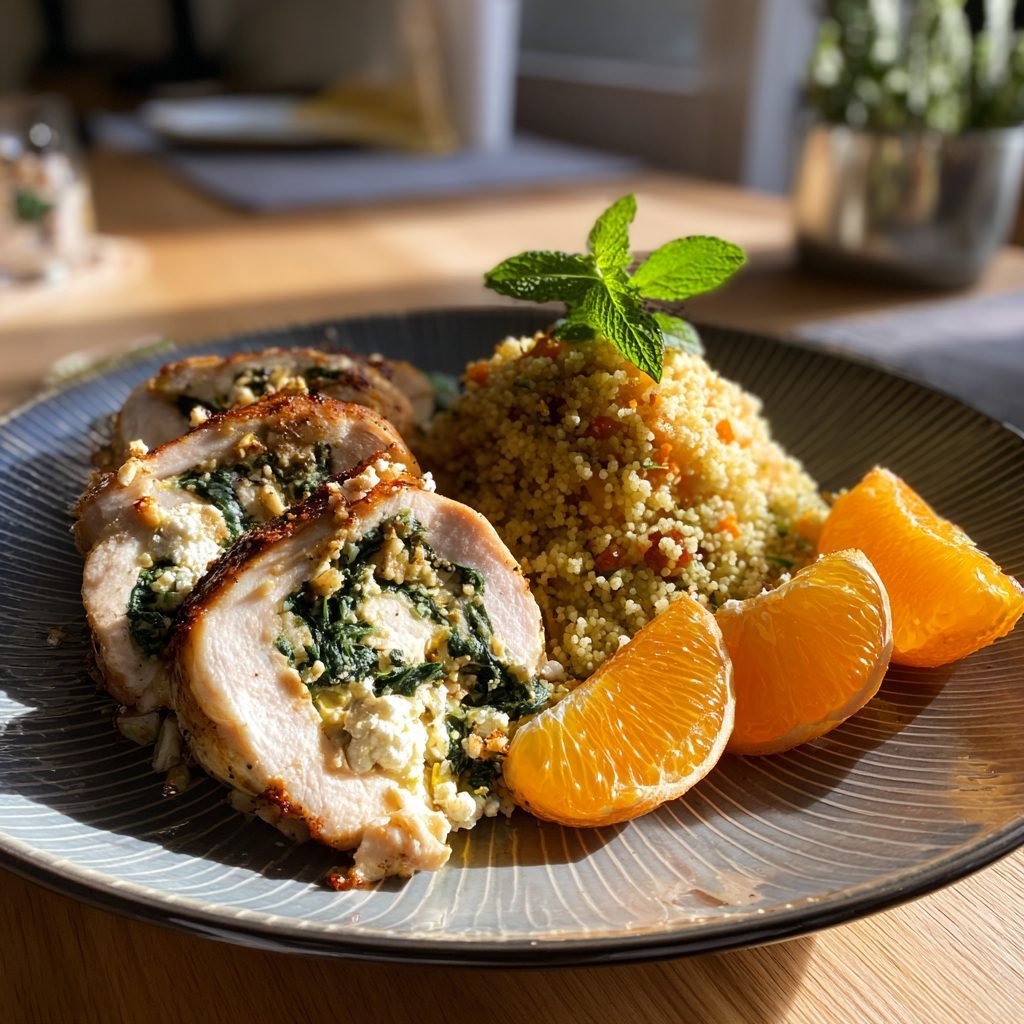 Hähnchenbrust gefüllt mit Spinat und Feta, dazu Orangen-Couscous