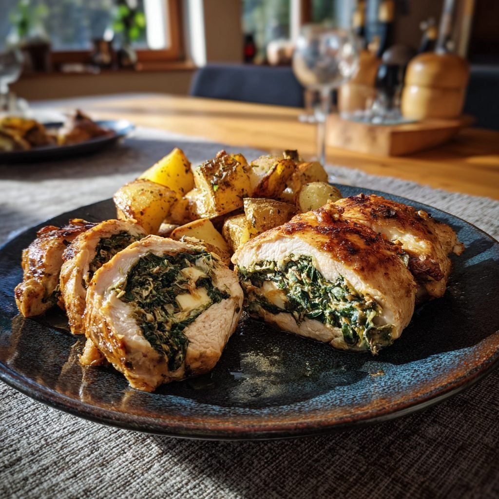 Hähnchenbrust gefüllt mit Spinat und Feta, dazu Rosmarinkartoffeln