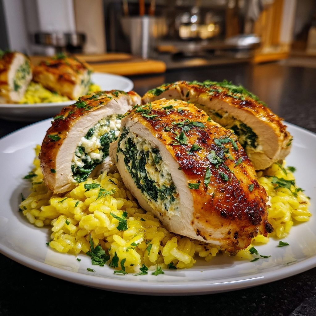 Hähnchenbrust gefüllt mit Spinat und Ricotta auf Zitronenrisotto